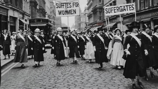 Historic video still of a suffragette march, shot from a low angle, capturing the energy and determination of women demanding voting rights.