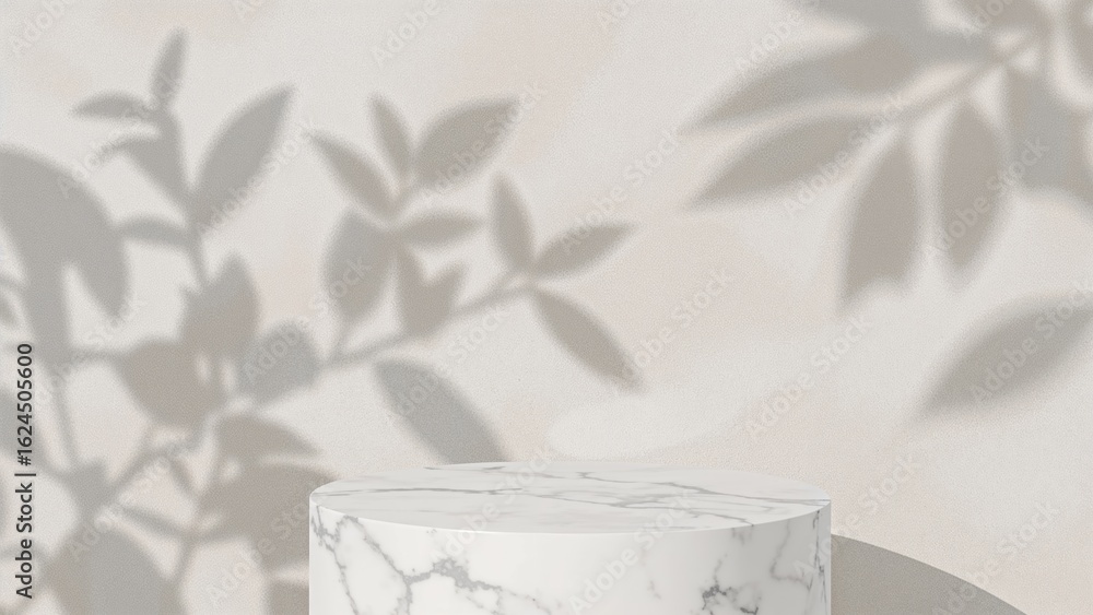 Poster clean marble countertop with soft beige concrete background highlighted by leaf shadows and bokeh li