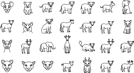 Extensive Collection of African Wildlife Animal Line Art Icons lion head cheetah head