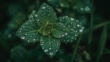 Macro shot capturing a plant embellished with early morning dew, showcasing the intricate patterns of its leaves.