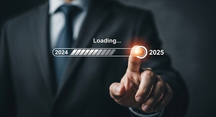 Businessman touching to downloading bar to change 2024 to 2025 year for change and preparation new business year concept. 
