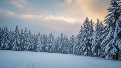 Fototapeta premium Wilderness landscape with snowy trees during winter