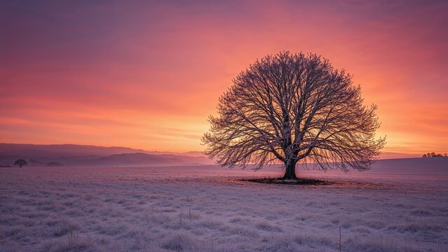 Sunset over a frosty field featuring a lone tree in winter