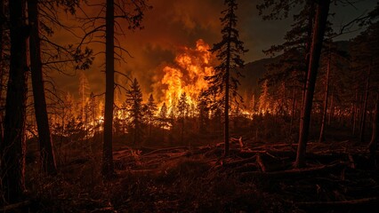 Fototapeta premium Nocturnal forest fire in mountainous terrain