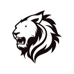 Fierce lion head in profile, roaring with its mouth open, depicted in a bold black and white graphic style, isolated on a white background