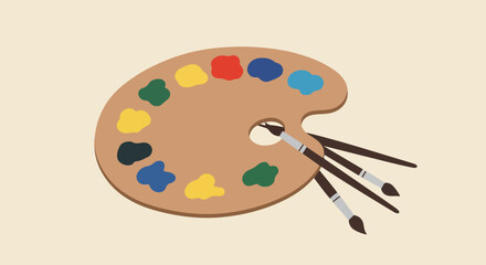 Palette with paints and brushes on flat surface, for creative projects or backdrops