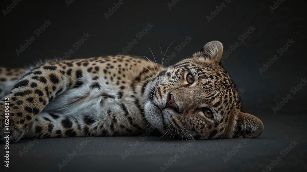 Poster calm wild leopard lying down on a dim setting