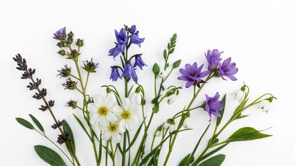 Naklejka premium Range of natural flowers shown on white surface including lavender, bluebell, forget-me-not, snowdrops, primroses