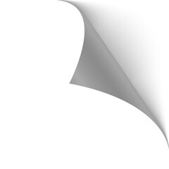 Folded paper. Curved corner paper with shadow. Png White page rotates bottom right on transparent background.