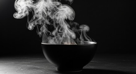 Steaming hot bowl of food or soup with aromatic steam rising in a dark, moody setting, evoking warmth and comfort