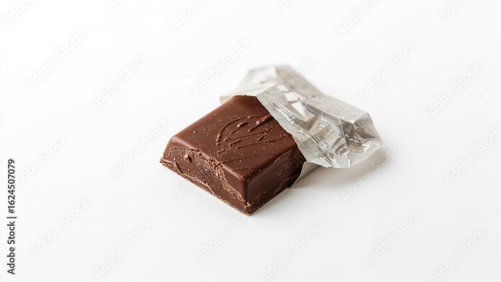 Poster entire chocolate bar partly covered with wrapper on a white surface.
