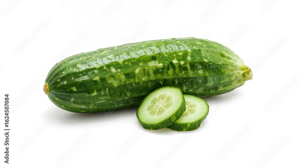 Poster complete cucumber and cucumber slices set against a white surface