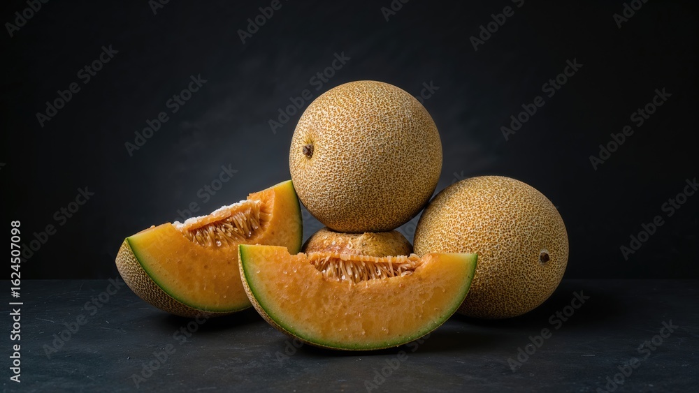 Poster entire and cut pieces of melons and cantaloupes displayed on a dark surface. vertical layout with sp