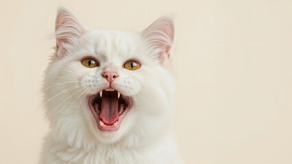 Wide-open mouth of a white feline