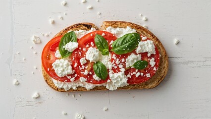 White bread sandwich layered with cottage cheese, sliced tomatoes, and fresh basil on a rustic white wooden background. Top-down perspective.