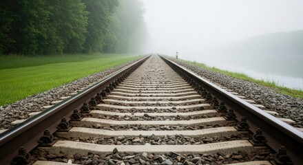 Train tracks stretching into the distance through a foggy landscape with trees and water