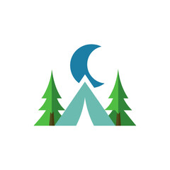 Obraz premium Tent under the crescent moon with pine trees at night