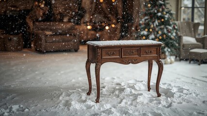 Snow-covered brown desk in the midst of winter