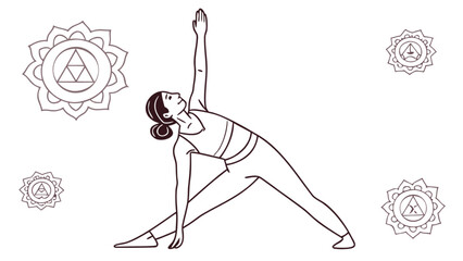 Yoga triangle pose tutorial for beginners with chakra symbols and meditation for flexibility and wellness