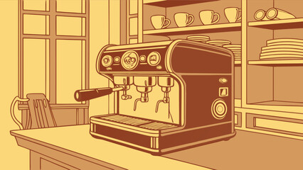 Professional espresso machine for coffee shop or cafe with cups and plates on shelves design
