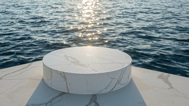 White granite product platform with radiant sunshine reflections and rich blue water, ocean motif, x9