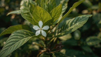 Obraz premium Light-colored flower amidst expansive green leaf scenery, bloom, leaf, floral, allure, garden, greenery, leaves, pigment, botanical
