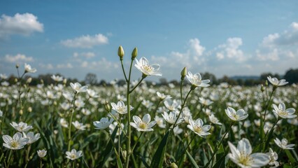 Fototapeta premium Snowy flowers blooming in a wide-open pasture