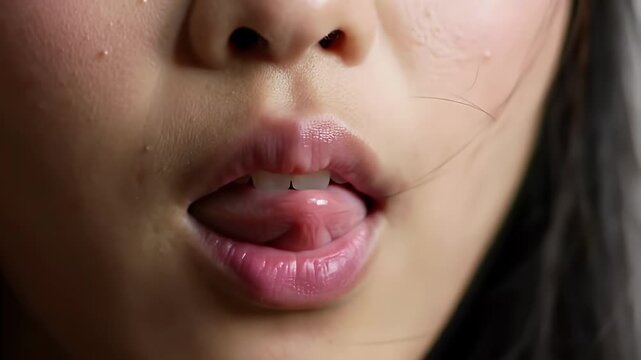 Detailed Slow Motion Study of a Woman's Lips with Pink Gloss and Fair Skin Revealing the Upper Teeth with the Tongue Touching the Teeth in a Close Up Eye Level Shot for Beauty and Health Themes