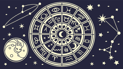 Astrology zodiac signs horoscope chart constellations celestial moon stars esoteric vector illustration