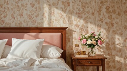 White pillows on a pink bed beside a flower-adorned table in a bedroom with patterned walls. Authentic photograph.