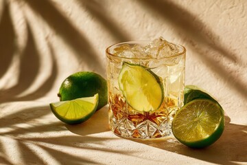 Crystal glass with ice, liquor, and lime sits in warm sunlight. Perfect image for summer drinks, cocktails, and a tropical vibe.