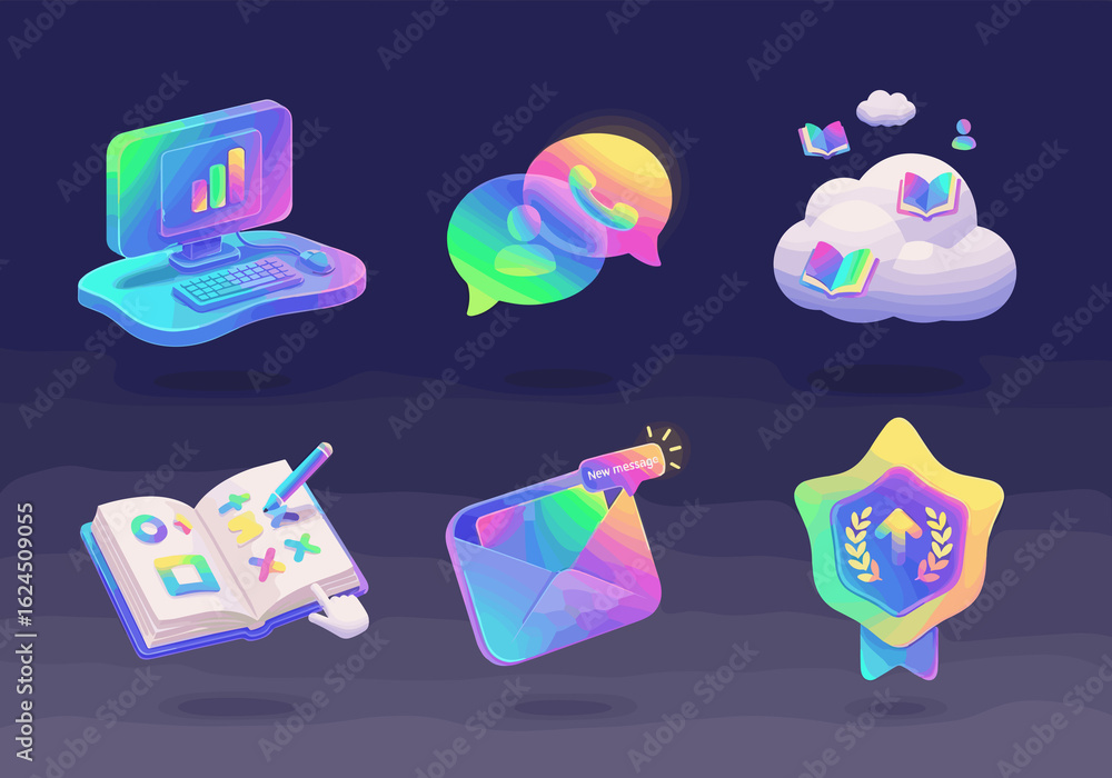 Poster a set of colorful icons for a computer desktop. the icons include a keyboard, a mouse, a book, a pen