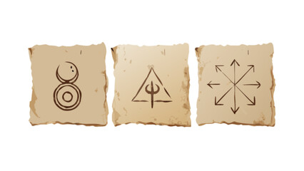 Ancient scrolls with magical symbols vector illustration for fantasy game design and occult rituals art