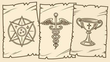 Explore esoteric symbols and ancient medical caduceus and chalice icons on parchment backgrounds art