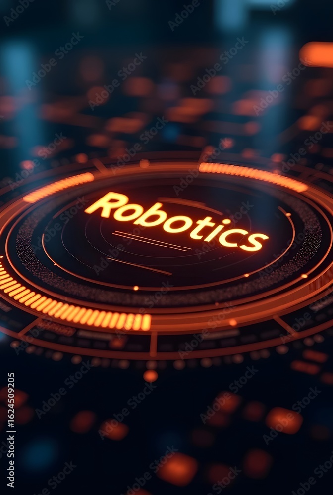Poster a futuristic orange and black robotic interface glows intensely, vertical composition. the word robo