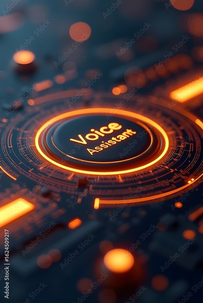 Poster futuristic voice assistant interface glows with vibrant orange accents, vertical composition. its sl