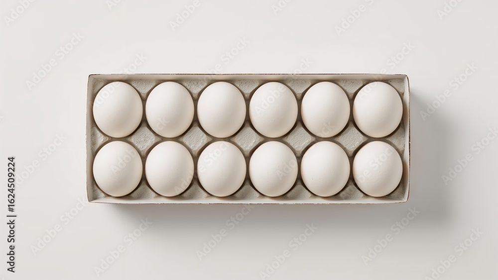 Poster overhead view of white eggs neatly organized in a container on a white surface.