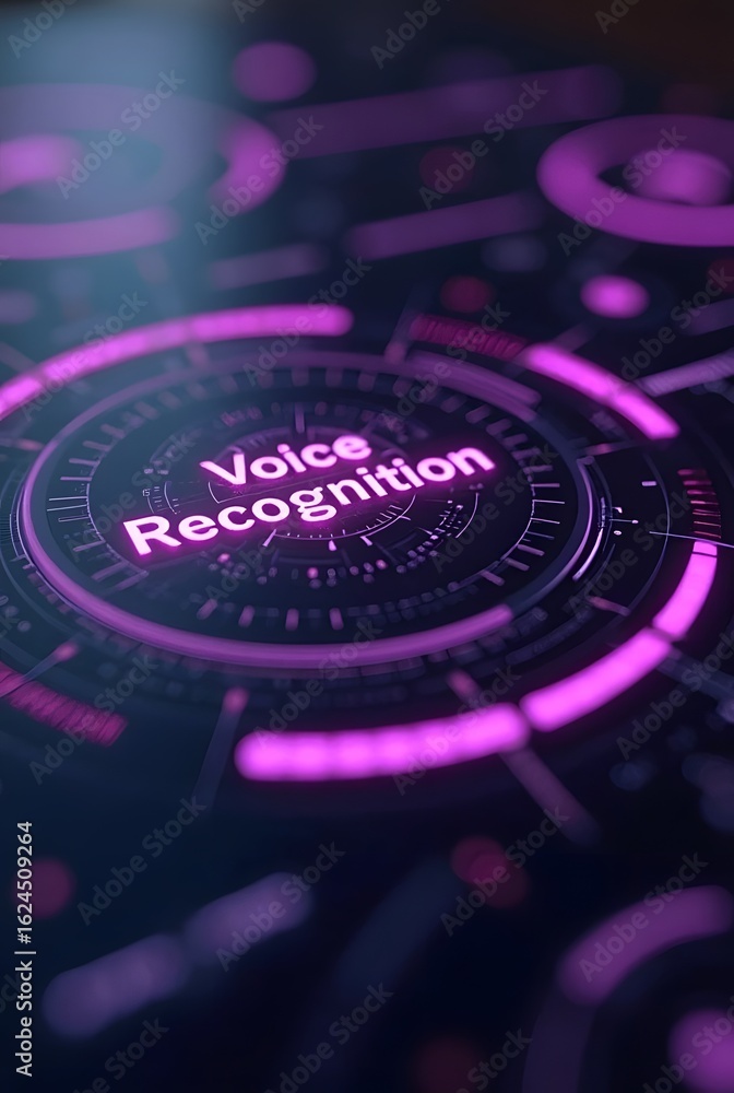 Poster futuristic voice recognition interface glows with vibrant purple accents, vertical composition. a ca