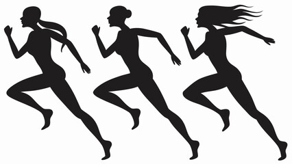 Fototapeta premium Silhouettes of three women running with different hairstyles in a black and white illustration art
