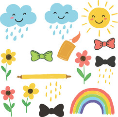 Cheerful Doodle Elements Featuring Clouds Sun Rainbow Flowers Bow Ties and Candle illustration drawing