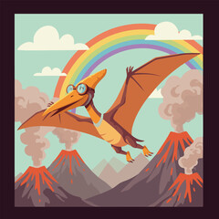  Flat vector of a flying pterodactyl wearing goggles  soaring happily over volcanoes with a rainbow in the background hFG_traced © Gusti