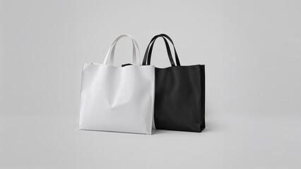 Grey backdrop highlighting contrasting black and white tote bag designs