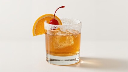 Traditional Whiskey Sour Cocktail Topped with Cherry and Orange