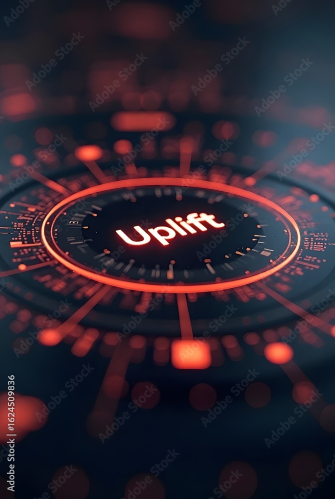 Poster a vibrant red and black digital interface showcases the word uplift, vertical composition. intricate