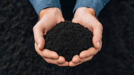 Person hand gently holding generous pile of dark, rich organic soil. material appears like fertile compost, symbolizing nature growth garden