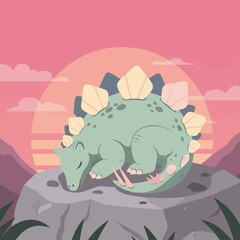  Flat vector of a sleeping stegosaurus with pastel plates on its back  curled up like a cat on a stone under a pink sunset sky 91c_traced