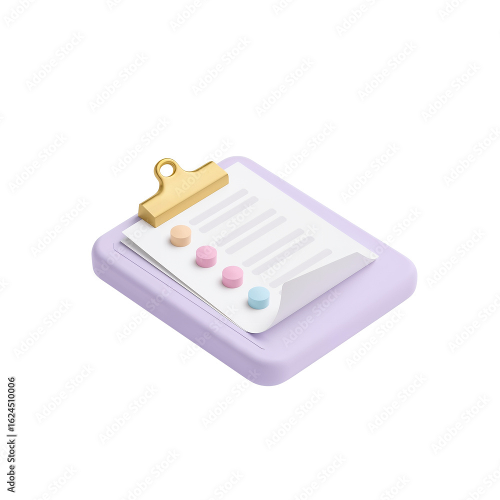 Poster isometric clipboard with pastel color dots and golden clip conveys efficient task management on