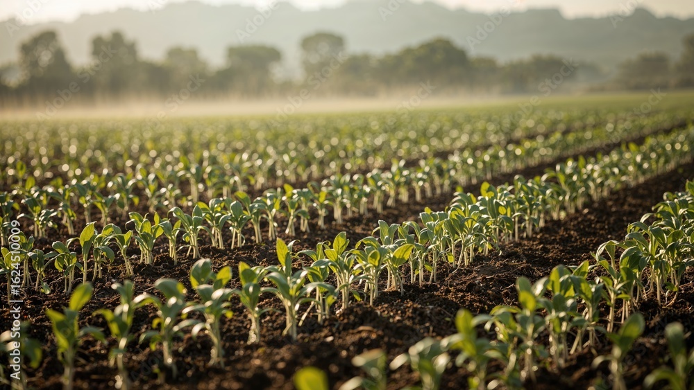 Poster soybean sprouts arranged in tidy lines with radiant farming illumination