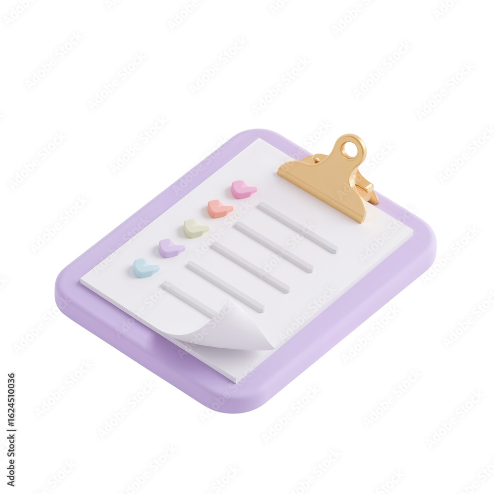 Poster pastel clipboard with heart accents on a minimalistic form isolated rendering style