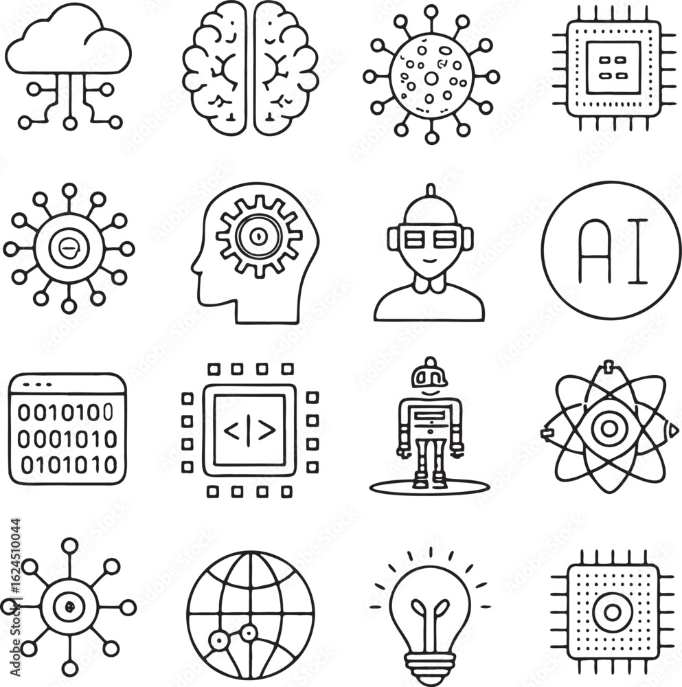 Poster cloud brain virus chip neural network robot globe lightbulb circuit